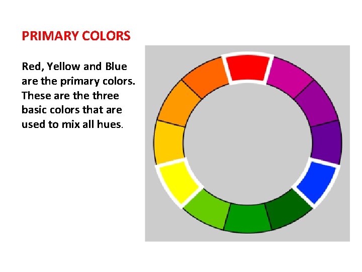 PRIMARY COLORS Red, Yellow and Blue are the primary colors. These are three basic