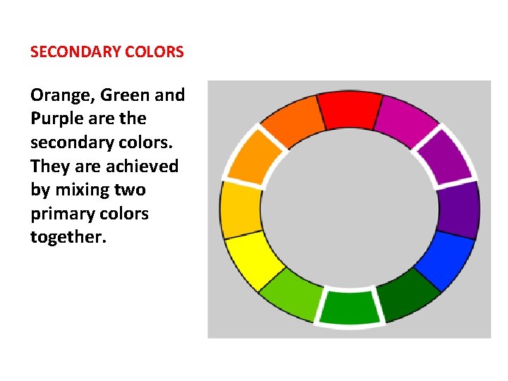 SECONDARY COLORS Orange, Green and Purple are the secondary colors. They are achieved by
