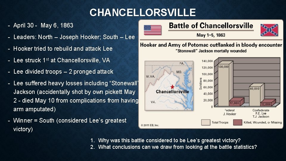 CHANCELLORSVILLE - April 30 - May 6, 1863 - Leaders: North – Joseph Hooker;