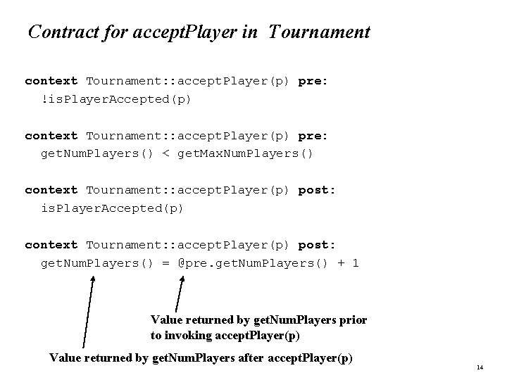 Contract for accept. Player in Tournament context Tournament: : accept. Player(p) pre: !is. Player.