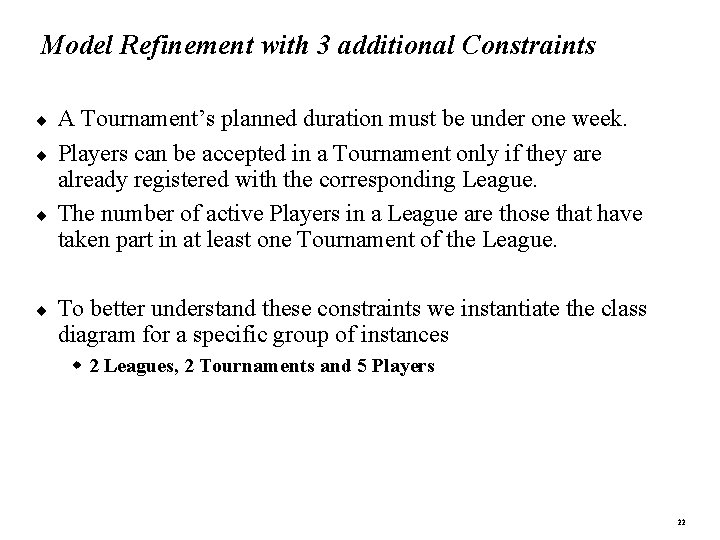 Model Refinement with 3 additional Constraints ¨ ¨ A Tournament’s planned duration must be