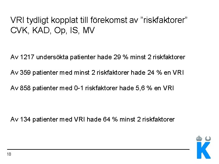 VRI tydligt kopplat till förekomst av ”riskfaktorer” CVK, KAD, Op, IS, MV Av 1217