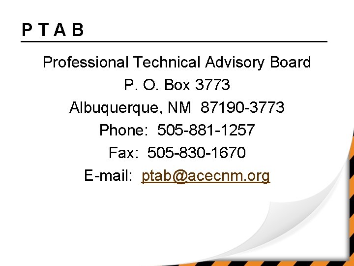 PTAB Professional Technical Advisory Board P. O. Box 3773 Albuquerque, NM 87190 -3773 Phone: