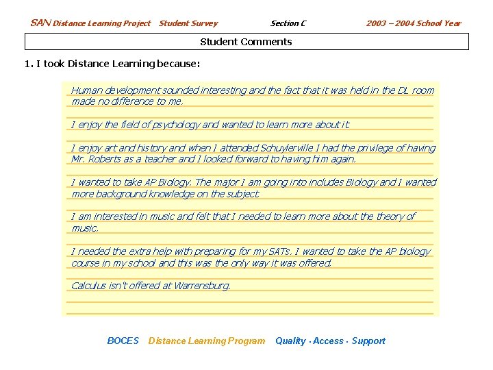 SAN Distance Learning Project Student Survey Section C 2003 – 2004 School Year Student