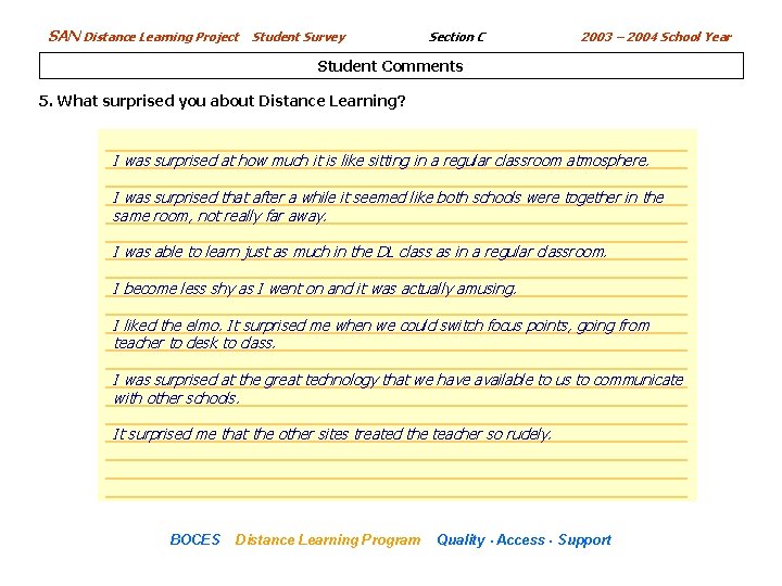 SAN Distance Learning Project Student Survey Section C 2003 – 2004 School Year Student