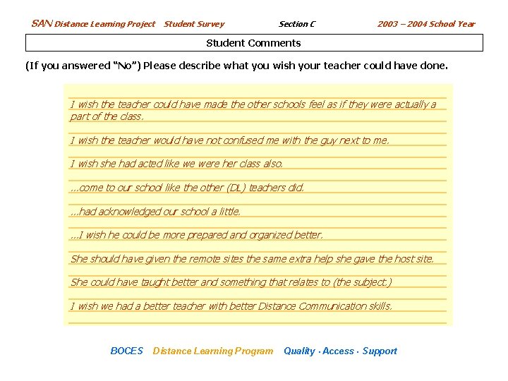 SAN Distance Learning Project Student Survey Section C 2003 – 2004 School Year Student