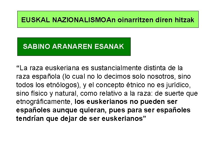 EUSKAL NAZIONALISMOAn oinarritzen diren hitzak SABINO ARANAREN ESANAK “La raza euskeriana es sustancialmente distinta