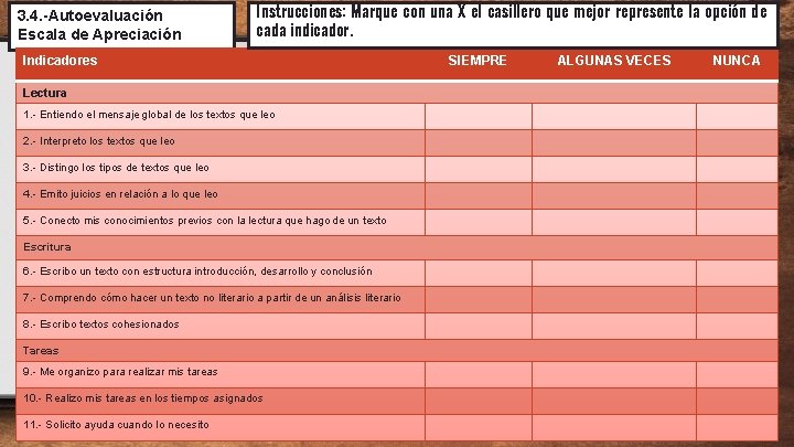 3. 4. -Autoevaluación Escala de Apreciación Instrucciones: Marque con una X el casillero que