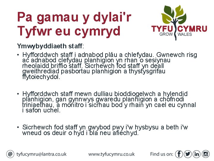 Pa gamau y dylai'r Tyfwr eu cymryd Ymwybyddiaeth staff: • Hyfforddwch staff i adnabod