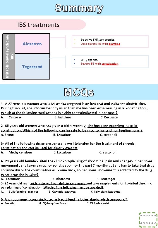 Summary Irritable bowel syndrome (IBS) IBS treatments Alosetron Tegaserod § § Selective 5 HT