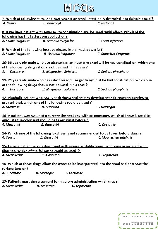 MCQs 7 - Which of following stimulant laxatives act on small intestine & degraded