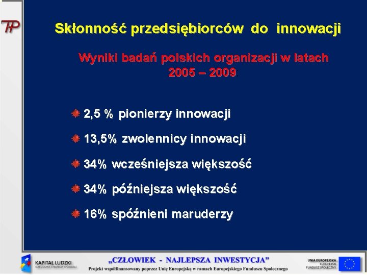 Skłonność przedsiębiorców do innowacji Wyniki badań polskich organizacji w latach 2005 – 2009: 2009