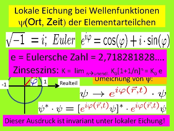 Lokale Eichung bei Wellenfunktionen y(Ort, Zeit) der Elementarteilchen e = Eulersche Zahl = 2,