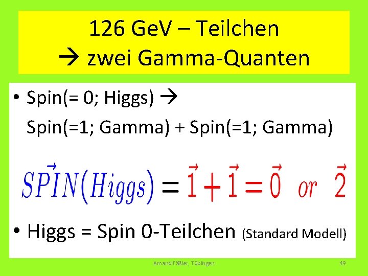 126 Ge. V – Teilchen zwei Gamma-Quanten • Spin(= 0; Higgs) Spin(=1; Gamma) +