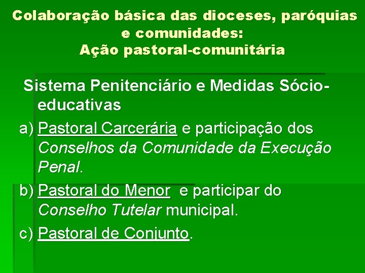 Colaboração básica das dioceses, paróquias e comunidades: Ação pastoral-comunitária Sistema Penitenciário e Medidas Sócioeducativas