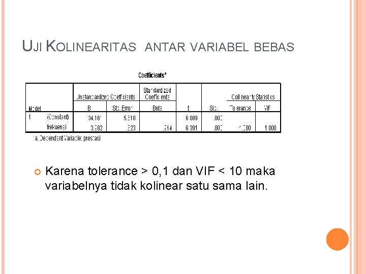UJI KOLINEARITAS ANTAR VARIABEL BEBAS Karena tolerance > 0, 1 dan VIF < 10