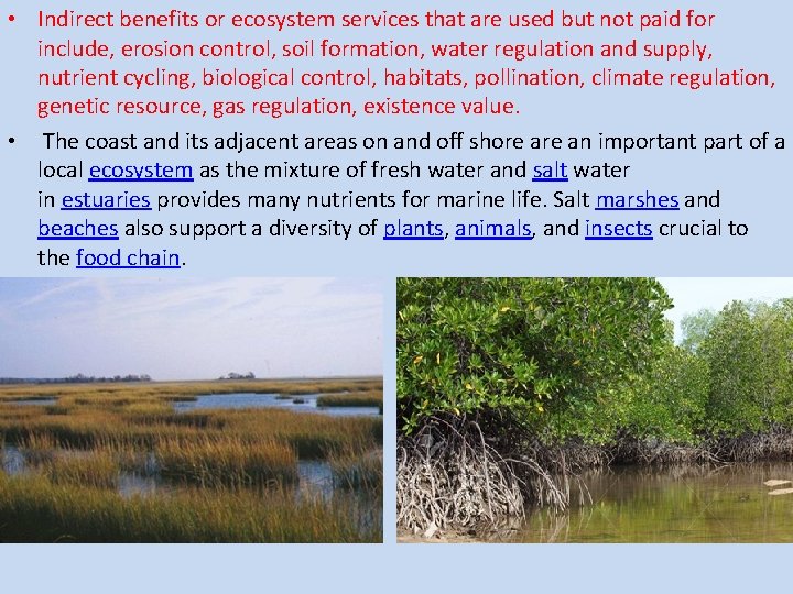  • Indirect benefits or ecosystem services that are used but not paid for