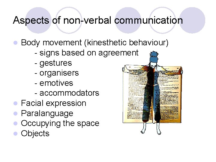 Aspects of non-verbal communication l l l Body movement (kinesthetic behaviour) - signs based