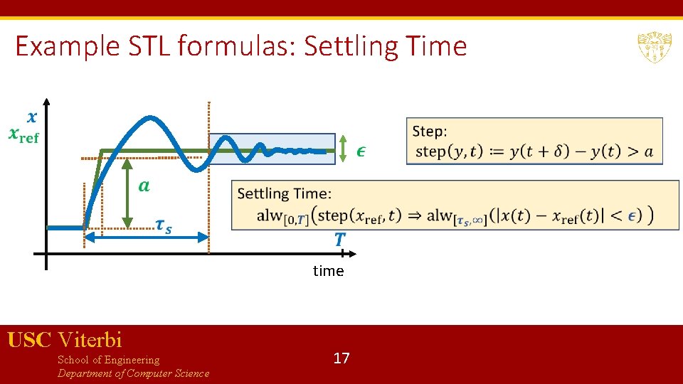 Example STL formulas: Settling Time time USC Viterbi School of Engineering Department of Computer
