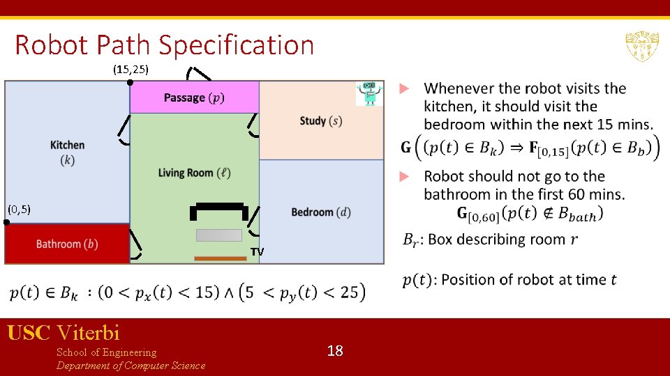 Robot Path Specification (15, 25) (0, 5) TV USC Viterbi School of Engineering Department