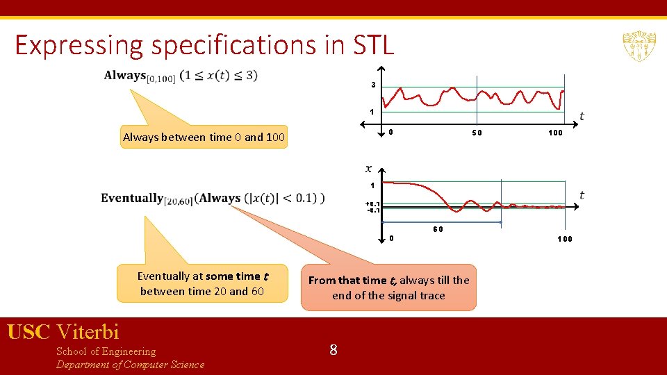 Expressing specifications in STL 3 1 0 Always between time 0 and 100 50