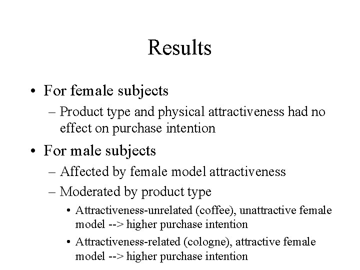 Results • For female subjects – Product type and physical attractiveness had no effect