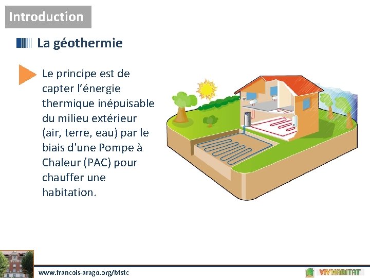 Introduction La géothermie Le principe est de capter l’énergie thermique inépuisable du milieu extérieur