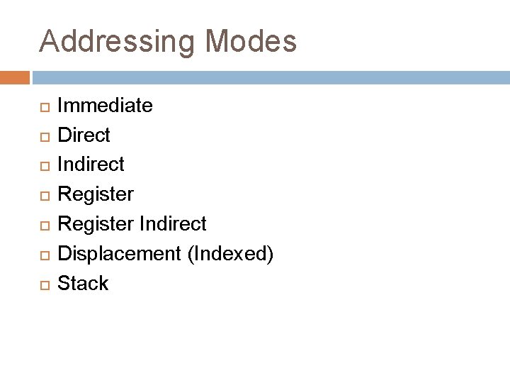 Addressing Modes Immediate Direct Indirect Register Indirect Displacement (Indexed) Stack 
