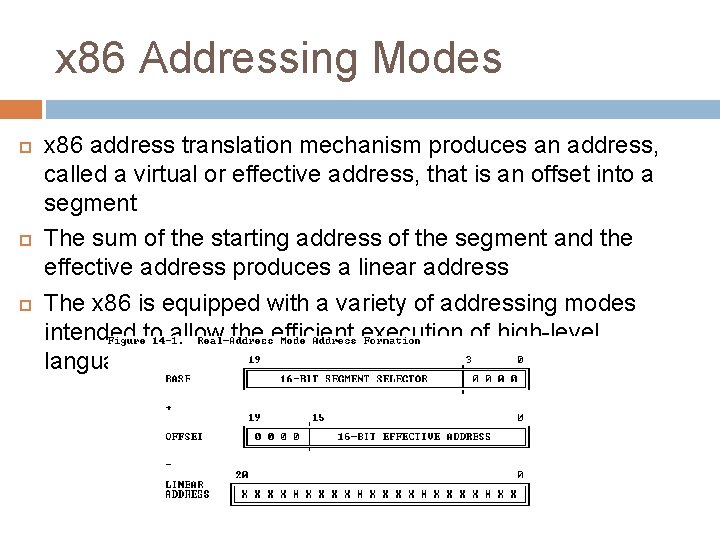 x 86 Addressing Modes x 86 address translation mechanism produces an address, called a