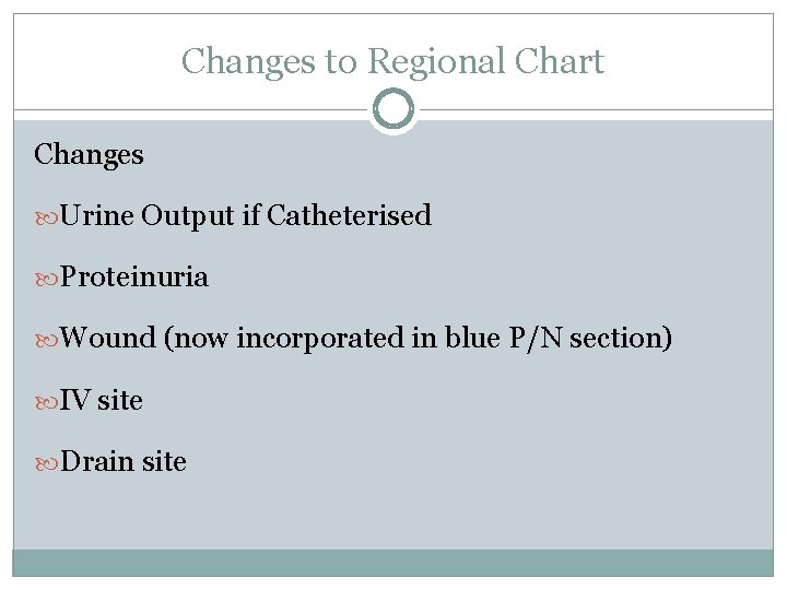 Changes to Regional Chart Changes Urine Output if Catheterised Proteinuria Wound (now incorporated in