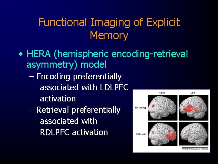 Functional Imaging of Explicit Memory • HERA (hemispheric encoding-retrieval asymmetry) model – Encoding preferentially