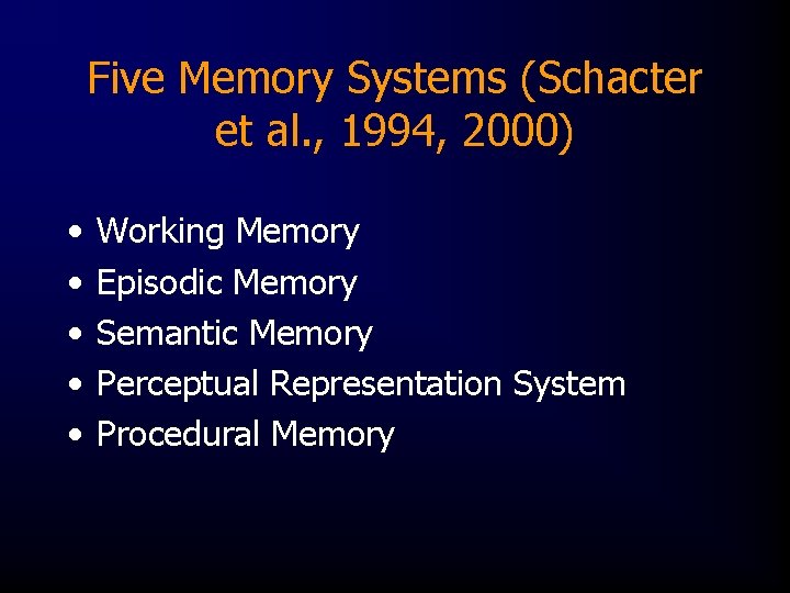 Five Memory Systems (Schacter et al. , 1994, 2000) • • • Working Memory