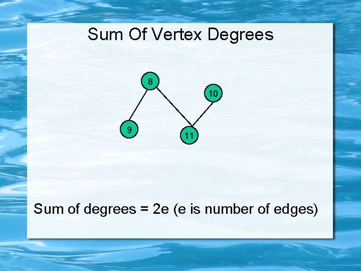 Sum Of Vertex Degrees 8 10 9 11 Sum of degrees = 2 e