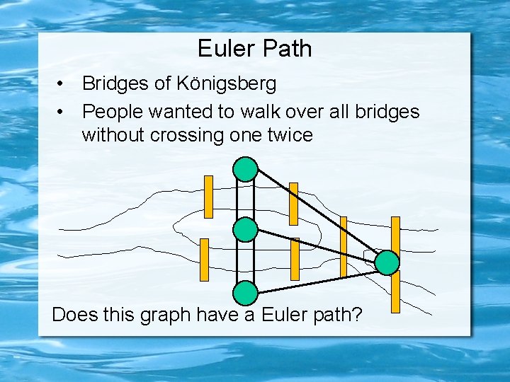 Euler Path • Bridges of Königsberg • People wanted to walk over all bridges