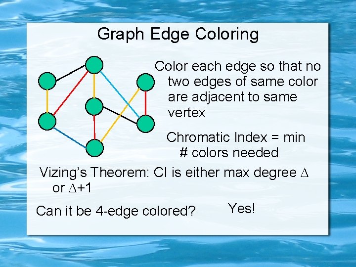 Graph Edge Coloring Color each edge so that no two edges of same color