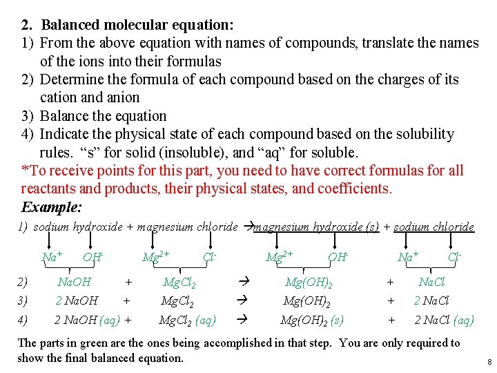 2. Balanced molecular equation: 1) From the above equation with names of compounds, translate