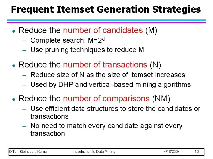 Frequent Itemset Generation Strategies ● Reduce the number of candidates (M) – Complete search: