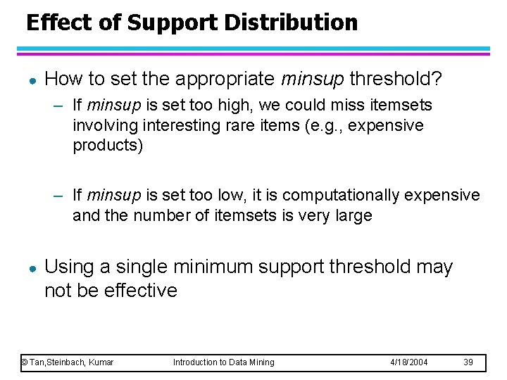 Effect of Support Distribution ● How to set the appropriate minsup threshold? – If