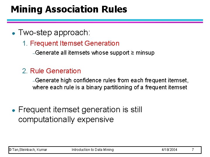 Mining Association Rules ● Two-step approach: 1. Frequent Itemset Generation –Generate all itemsets whose