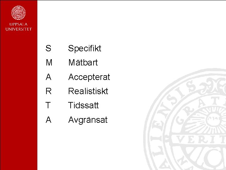 S Specifikt M Mätbart A Accepterat R Realistiskt T Tidssatt A Avgränsat 