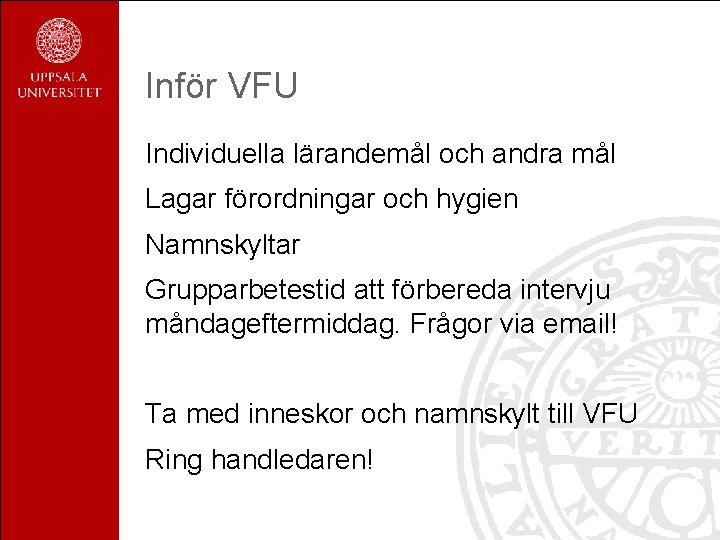 Inför VFU Individuella lärandemål och andra mål Lagar förordningar och hygien Namnskyltar Grupparbetestid att