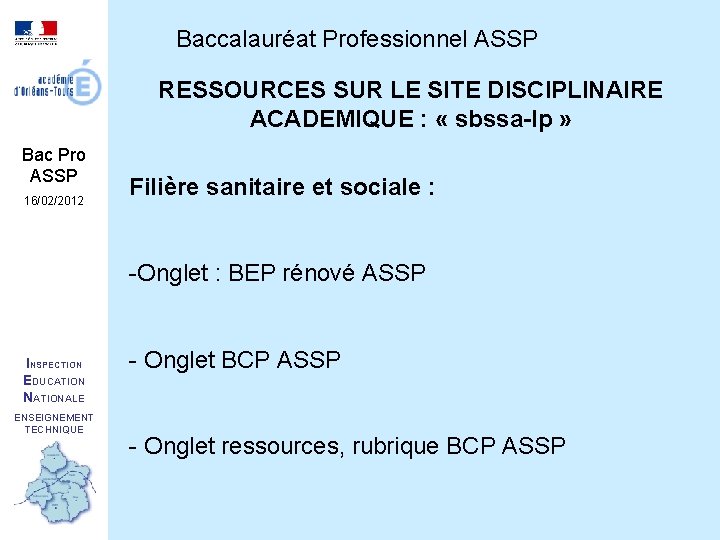Baccalauréat Professionnel ASSP RESSOURCES SUR LE SITE DISCIPLINAIRE ACADEMIQUE : « sbssa-lp » Bac
