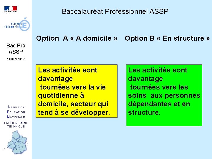 Baccalauréat Professionnel ASSP Option A « A domicile » Option B « En structure