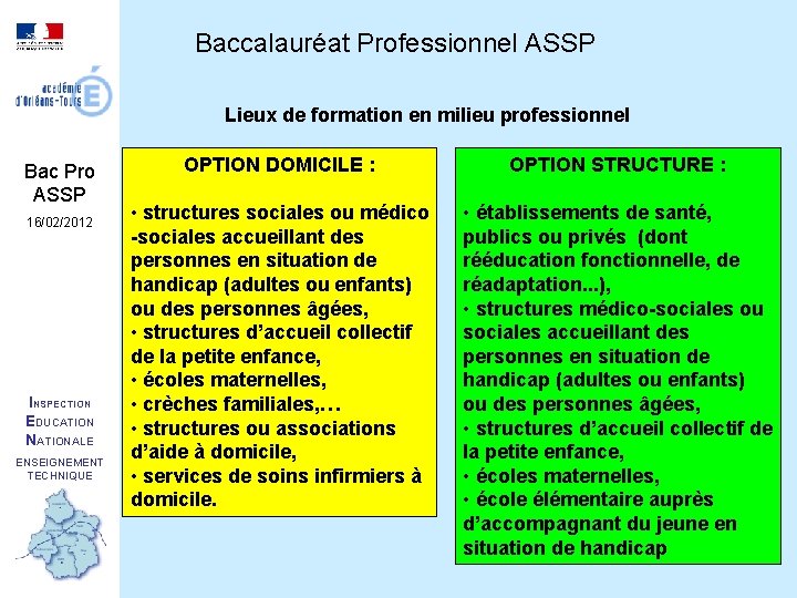 Baccalauréat Professionnel ASSP Lieux de formation en milieu professionnel Bac Pro ASSP 16/02/2012 INSPECTION