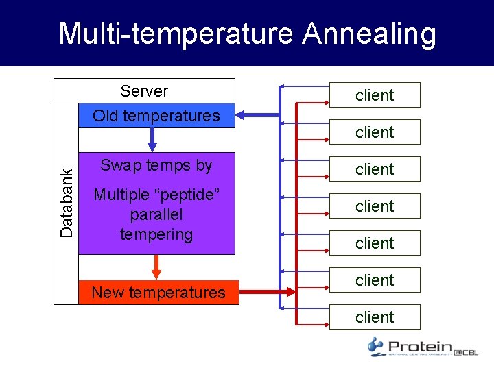 Databank Multi-temperature Annealing Server Old temperatures client Swap temps by client Multiple “peptide” parallel