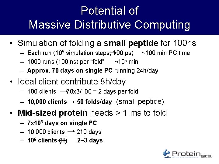 Potential of Massive Distributive Computing • Simulation of folding a small peptide for 100