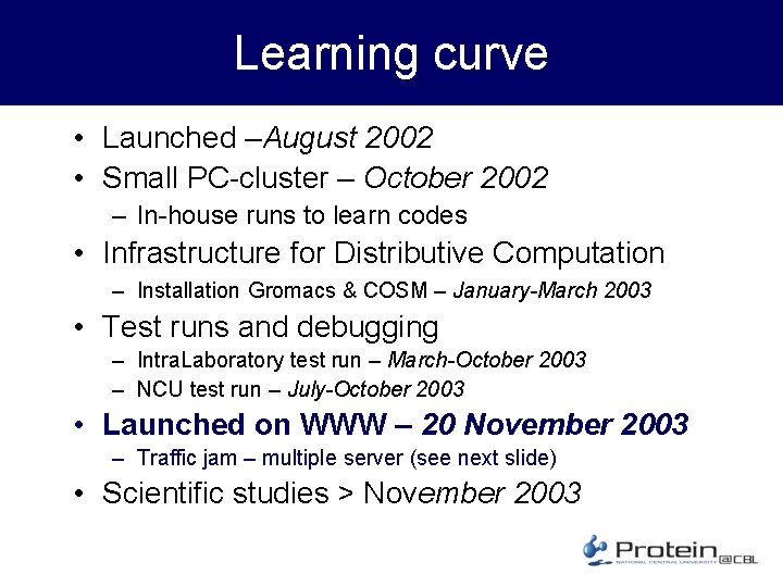 Learning curve • Launched –August 2002 • Small PC-cluster – October 2002 – In-house
