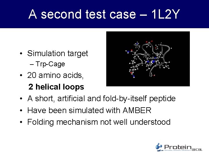 A second test case – 1 L 2 Y • Simulation target – Trp-Cage