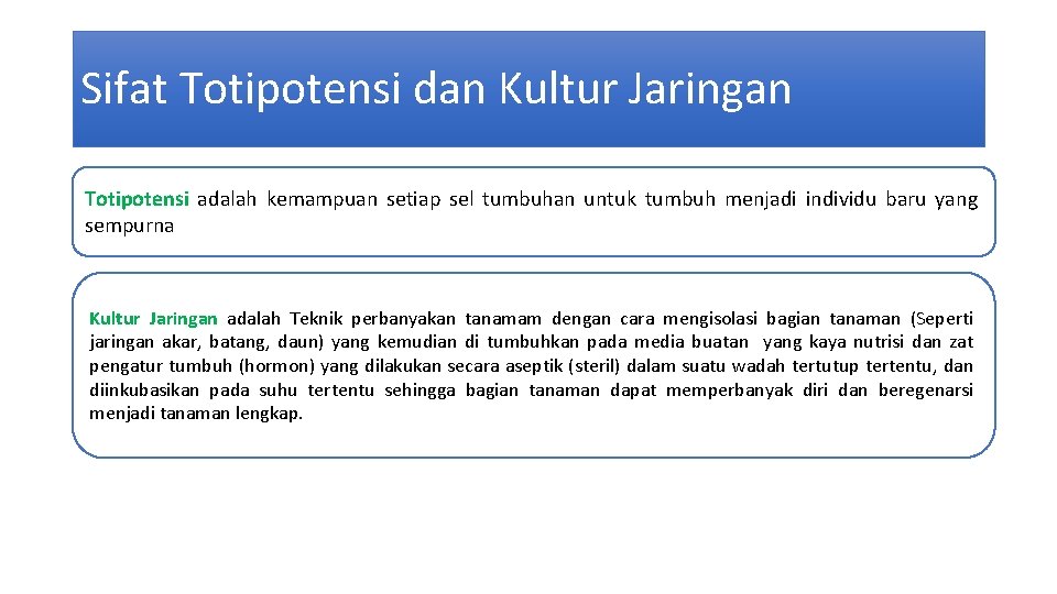 Sifat Totipotensi dan Kultur Jaringan Totipotensi adalah kemampuan setiap sel tumbuhan untuk tumbuh menjadi