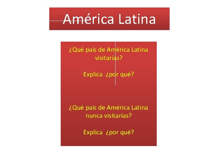 América Latina ¿Qué país de América Latina visitarías? Explica ¿por qué? ¿Qué país de